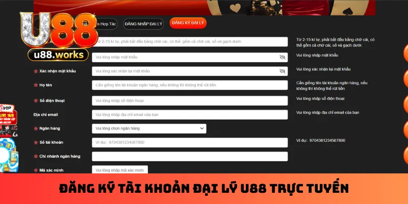Đăng ký tài khoản đại lý U88 trực tuyến Đăng ký tài khoản đại lý U88 trực tuyến